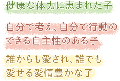 「健康な体力に恵まれた子」「自分で考え、自分で行動のできる自主性のある子」「誰からも愛され、誰でも愛せる愛情豊かな子」